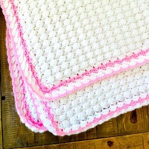 Vintage hand made hand knitted baby blanket pink and white